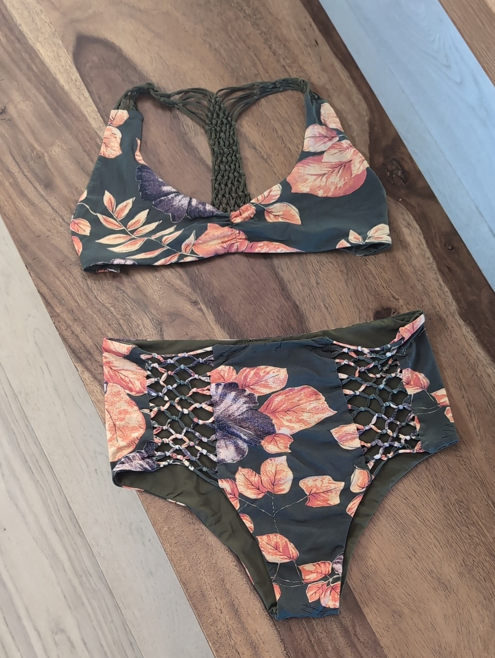 San Lorenzo Olive Floral Macramé High-Waist Bikini Set